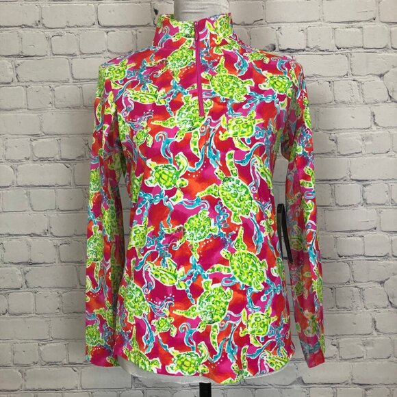 NWT IBKUL Pink Turtle Print 1/4 Zip Long Sleeve Top Size XS - Picture 1 of 8